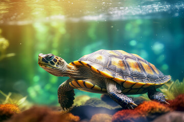 Fototapeta premium A turtle swimming gracefully in a tank, showcasing its natural aquatic movements.