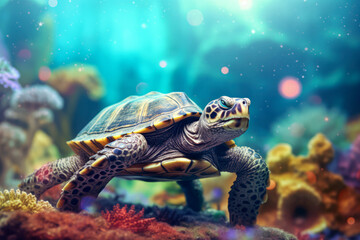 Fototapeta na wymiar A turtle swimming gracefully in a tank, showcasing its natural aquatic movements.