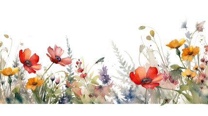 Obraz na płótnie Canvas border with delicate watercolor wildflowers, generative ai