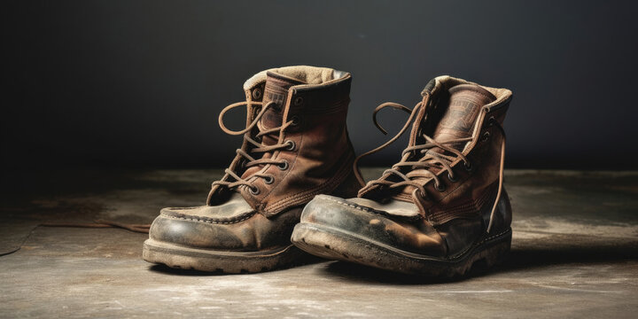 Old leather shoes on the floor on dark background , Generative AI