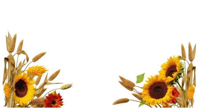Fototapeta frame border with a farm theme featuring wheat stalks and sunflowers, generative ai
