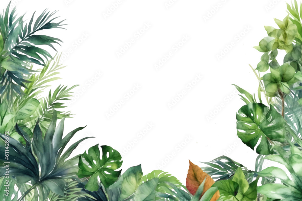 Wall mural borders with greenery like Philodendron  framing an empty text space in watercolor design isolated against transparent