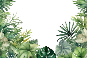 Fototapeta na wymiar borders with greenery like Philodendron framing an empty text space in watercolor design isolated against transparent