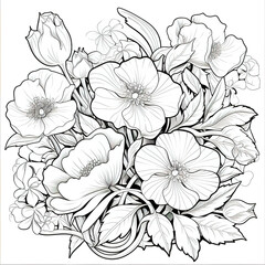 Coloring Page of flowers. No colour. Drawing