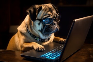 Dog looking at a laptop. Generative AI