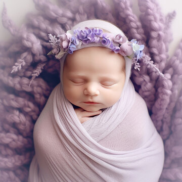 Sweet dreams of newborn baby. Beautiful little girl with lilac flowers. Generative AI