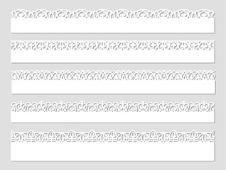 Vector set of lace border vignettes, suitable for laser cutting. Vintage flourish ornaments, cutout paper decoration	
