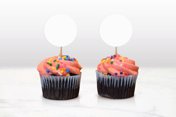 Cupcake Topper Mockup - Pink Cupcakes in Minimalist White Kitchen Scene