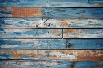 A blue wooden wall with a rusted paint that has been painted in blue and orange. background Generative AI