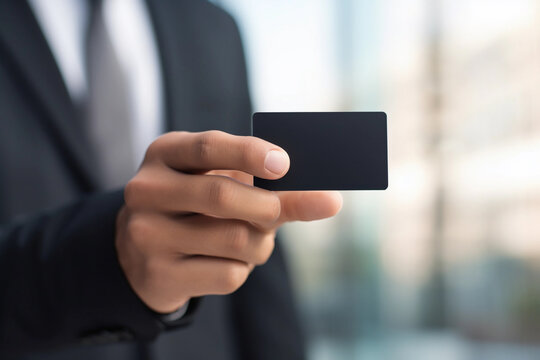 A man in a suit holds a black card in his hand. mock up Generative AI