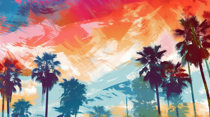 Fototapeta na wymiar A painting of palm trees with a colorful sky in the background. Generative AI.