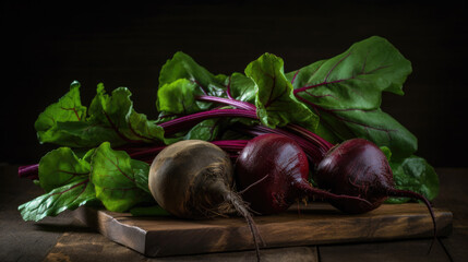 fresh beetroot on a wooden cutting board isolated on black background. Generative AI