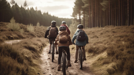 a family rides the bikes through the forest outside in nature. Generative AI
