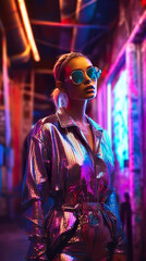 Fototapeta na wymiar A woman in a shiny jacket and sunglasses. Generative AI.