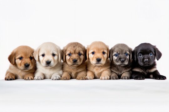 A row of puppies on white background Generative AI