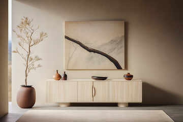 An ivory sideboard with a floor rug in front in a minimalistic composition. Soft shading, soft colors and natural light. Generative AI