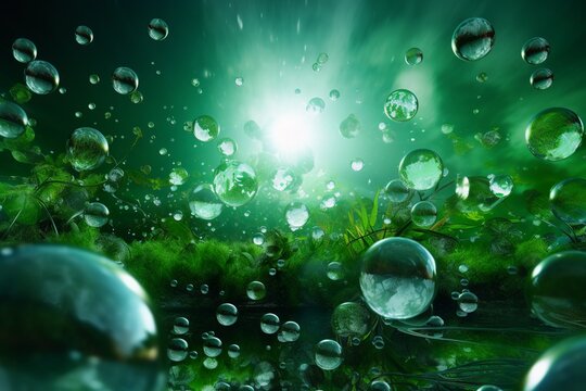 A green background with water droplets and the sun shining on it. Generative AI