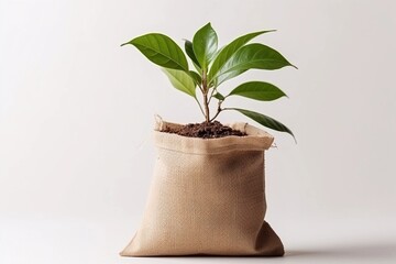 A bag with a plant in it on white background mock up Generative AI - obrazy, fototapety, plakaty