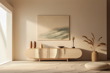 An ivory sideboard with a floor rug in front in a minimalistic composition. Soft shading, soft colors and natural light. Generative AI