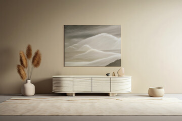 An ivory sideboard with a floor rug in front in a minimalistic composition. Soft shading, soft colors and natural light. Generative AI