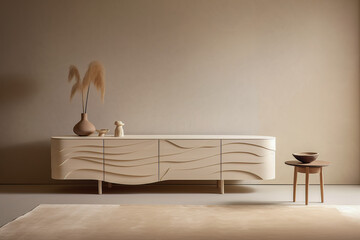 An ivory sideboard with a floor rug in front in a minimalistic composition. Soft shading, soft colors and natural light. Generative AI