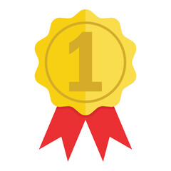 Gold medal with red ribbons.