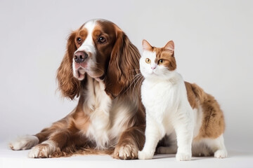 The domestic duo of a dog and cat sitting together, showcasing the perfect example of companionship. - AI Generative