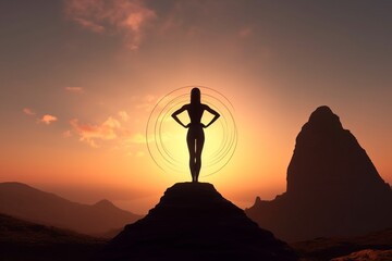 A woman standing on a mountain with the sun behind her Generative AI