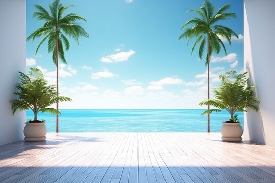 A beach scene with palm trees and a blue sky with the words palm trees on it. Generative AI