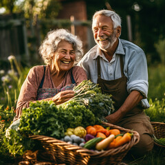 Senior smiling couple with wood boxes with fresh organic vegetables.Bio