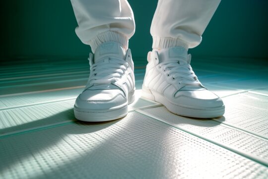 A person wearing white shoes with white stripes on the bottom. Generative AI