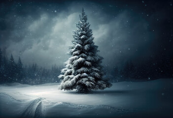 Christmas tree and snow background. Shining christmas tree in a snowy winter forest. High quality photo Generative AI