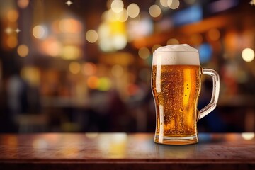 A glass of beer on a bar counter with a blurry background. Generative AI
