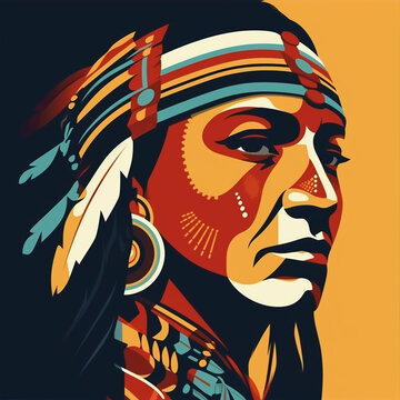 Indigenous man on multicolored background. Indigenous man wearing headdress. 