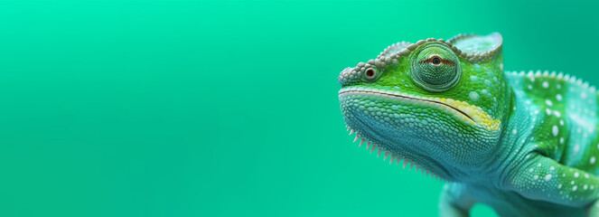 A green chameleon with a green background. Generative AI - obrazy, fototapety, plakaty