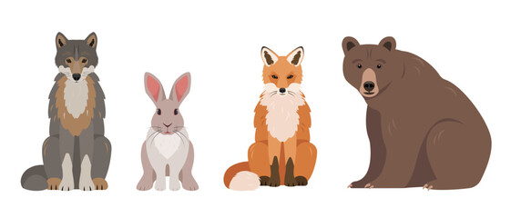 Set of wild forest animals in different poses. Gray wolf, red fox, brown bear and gray hare or rabbit. Animal icons isolated on white background. Vector illustration.