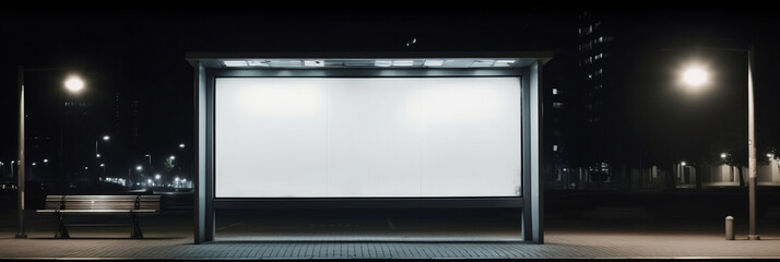 An empty blank billboard advertising poster at a bus stop at night, banner, generative AI