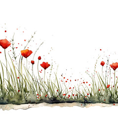line of grass with red flowers like poppy in watercolor design isolated against transparent