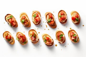 A display of toasts with a red tomato and basil garnish. Generative AI