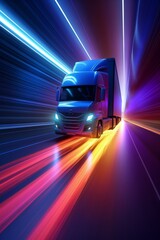 A truck with a colorful light on the front driving down a road The concept of delivery Generative AI