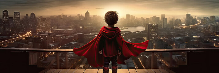 At sunset,little boy dressed as superhero watches over the city, Generative AI - obrazy, fototapety, plakaty