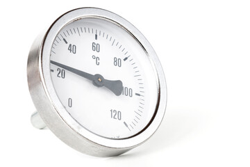 round thermometer, for measuring temperature in water systems, close-up on a white background