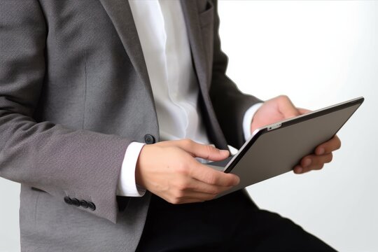 A man in a grey suit is holding a tablet. Generative AI