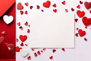 A white envelope with a heart shaped box sits on a table with a red heart shaped paper. Generative AI