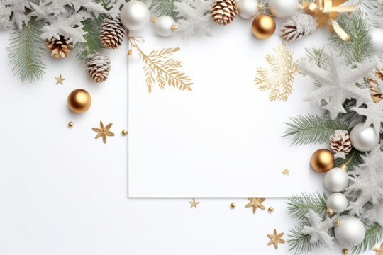 A white background with a white frame with christmas decorations. Generative AI