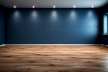 Blue wall in an empty room with a lamp and a light on it Generative AI