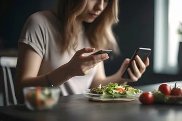 Foto op Plexiglas Attractive slender woman counts calorie content of food with smartphone app. Generative AI illustration © colnihko