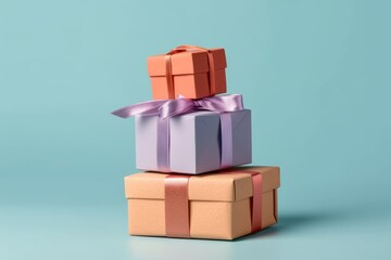 Three gift boxes with a purple ribbon tied around the top. Generative AI