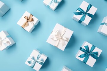 White gift boxes with gold ribbons on a blue background Generative AI