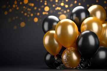 A bunch of black and gold balloons with the word happy birthday on the bottom Generative AI